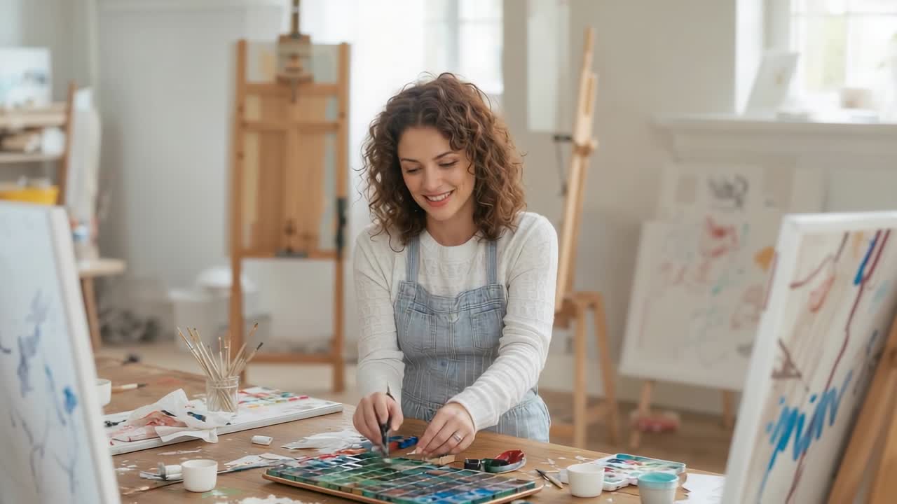 Smiling and leaning in artist in smock mixing paints on palette at studio, preparing to paint