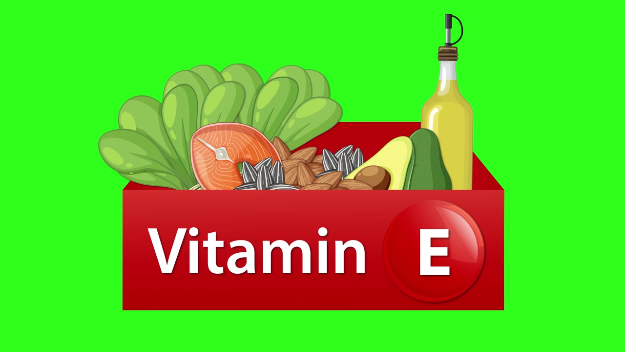 Alimenti sani con vitamina E compaiono fluidamente all'interno di un box rosso su uno sfondo chroma verde brillante