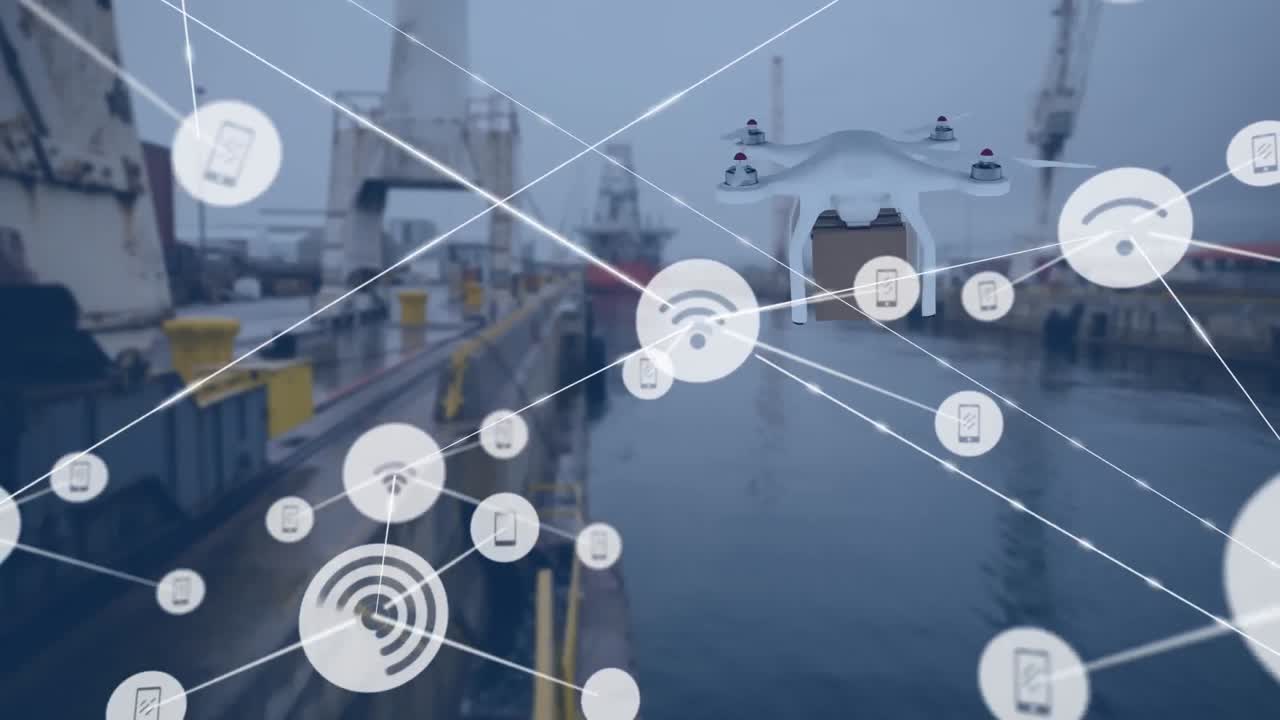 배경에 드론을 운반하는 상자와 포트 위의 아이콘으로 연결 네트워크의 애니메이션