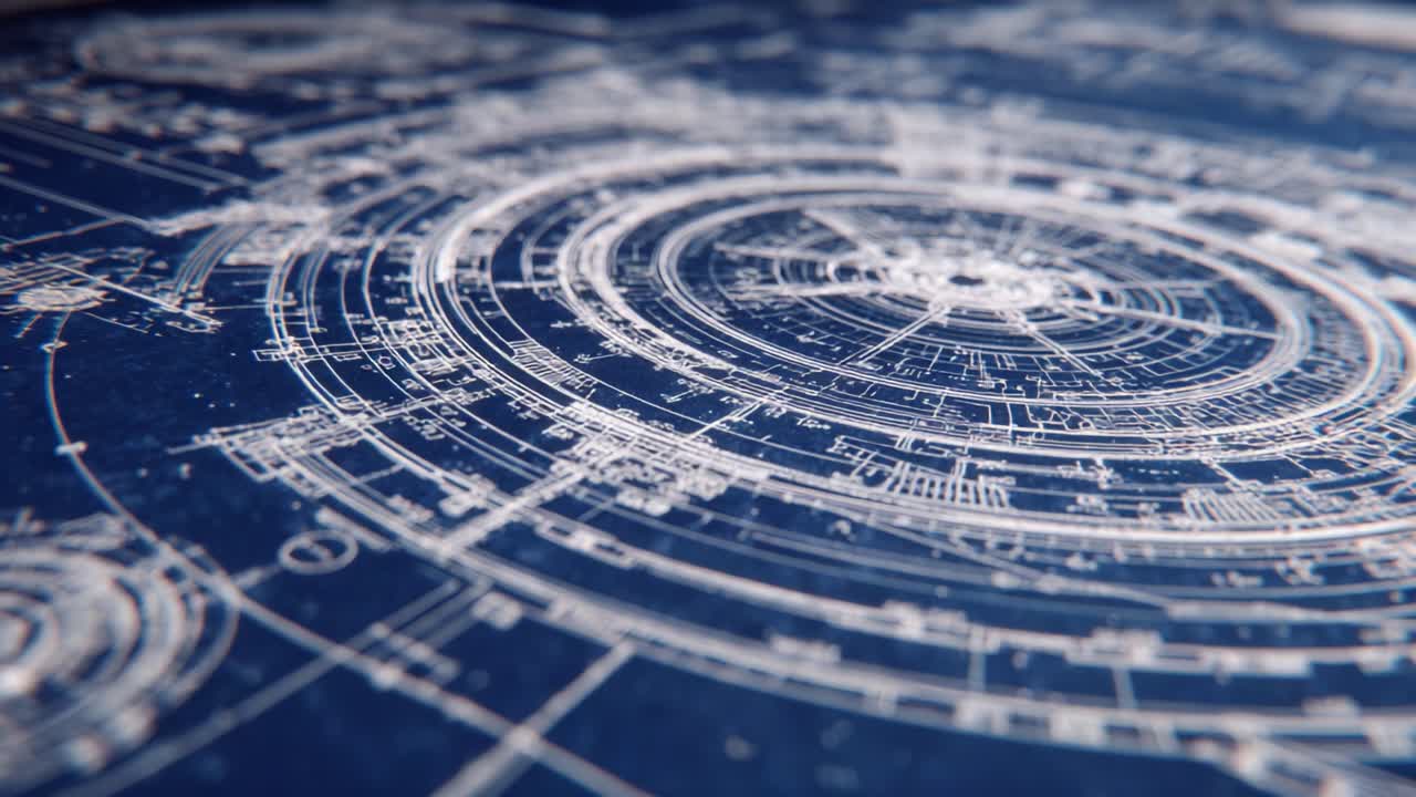 Intricate Blueprint Design Showcasing Detailed Geometric Patterns and Technical Features in a Rich Blue Background for Artistic and Engineering Projects
