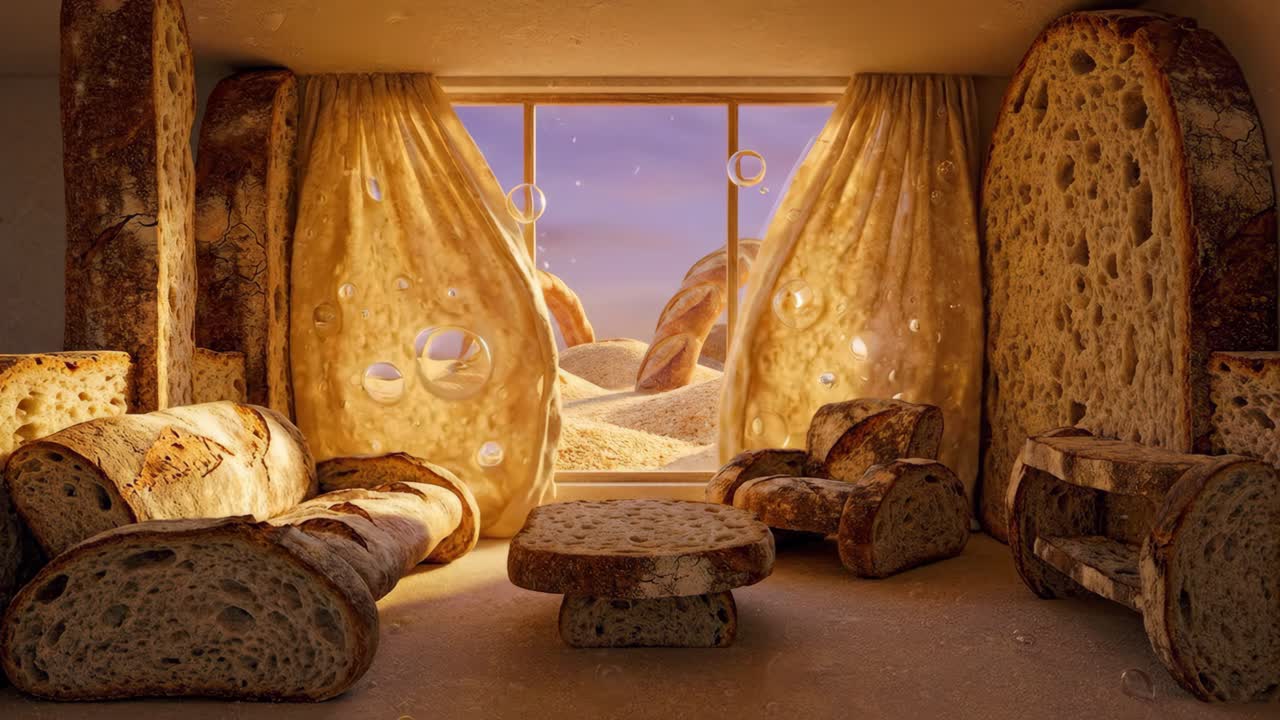 Interno di stanza surreale fatto di pane con paesaggio di pane all'esterno