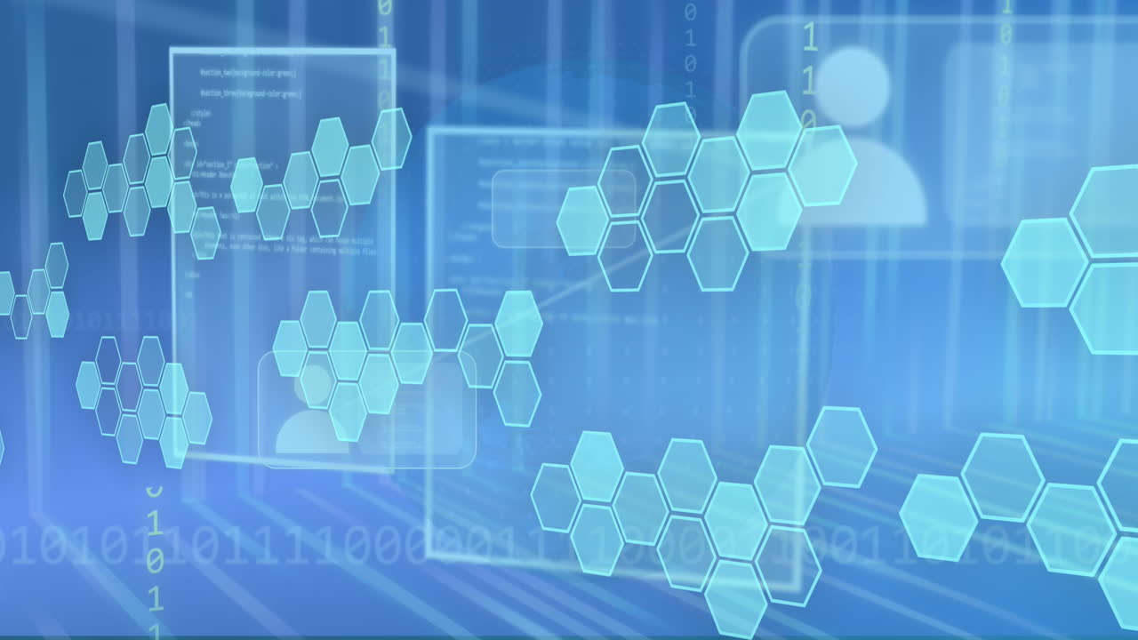6각형 패턴 위에 프로필 아이콘의 애니메이션, 파란 바탕에 바이너리 코드