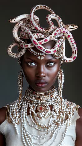 an elegant portrait featuring serpentinspired accessories and beautiful jewelry designs