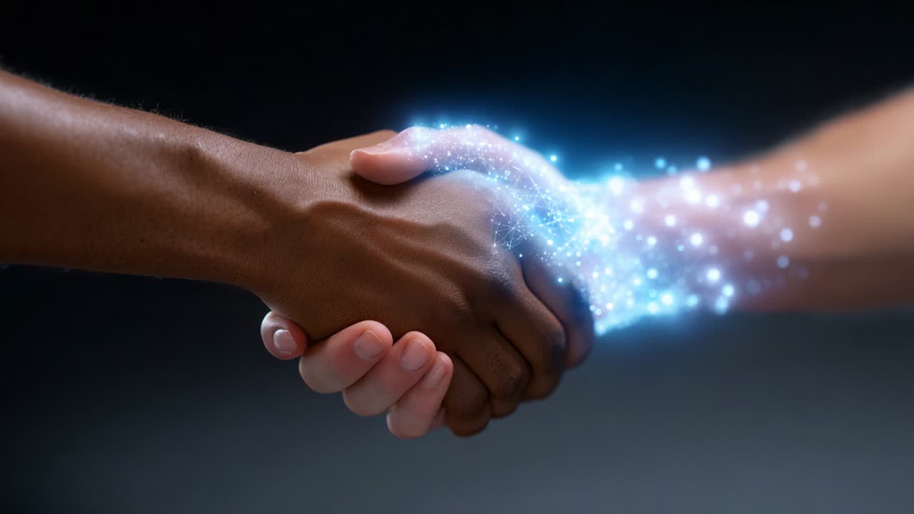 A Symbolic Representation of Unity and Connection Through a Handshake Illuminated with Ethereal Energy, Capturing the Essence of Collaboration and Trust Between Individuals in a Magical Setting