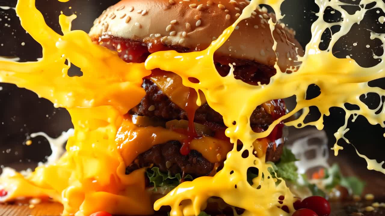A burger with a lot of ketchup and cheese on it. The burger is falling apart and the ketchup is splashing all over the table