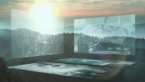 Animation of screens with data processing over landscape