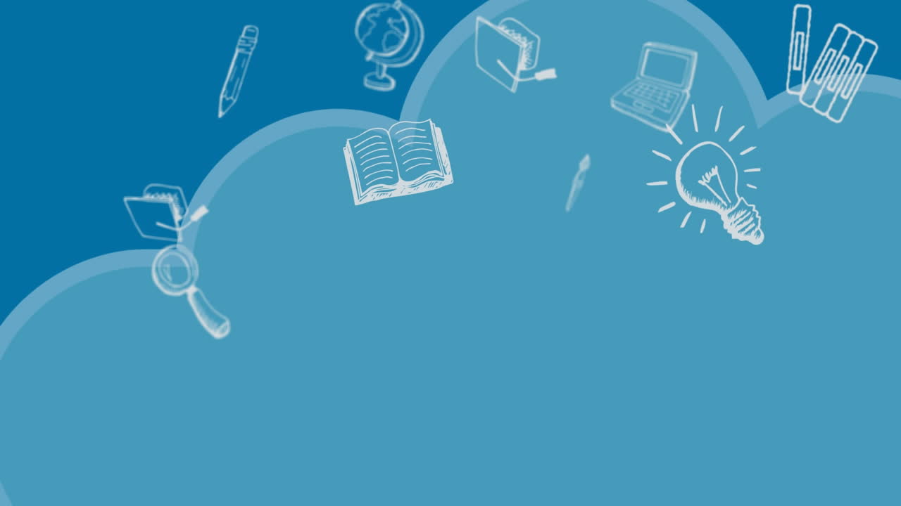 Animación de iconos de material escolar sobre nubes en fondo azul