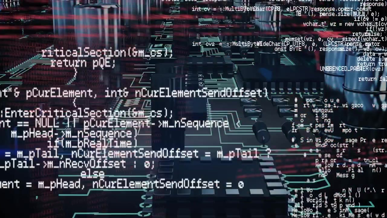 Animation numérique de traitement de données superposée à des connexions de microprocesseur sur un fond bleu.