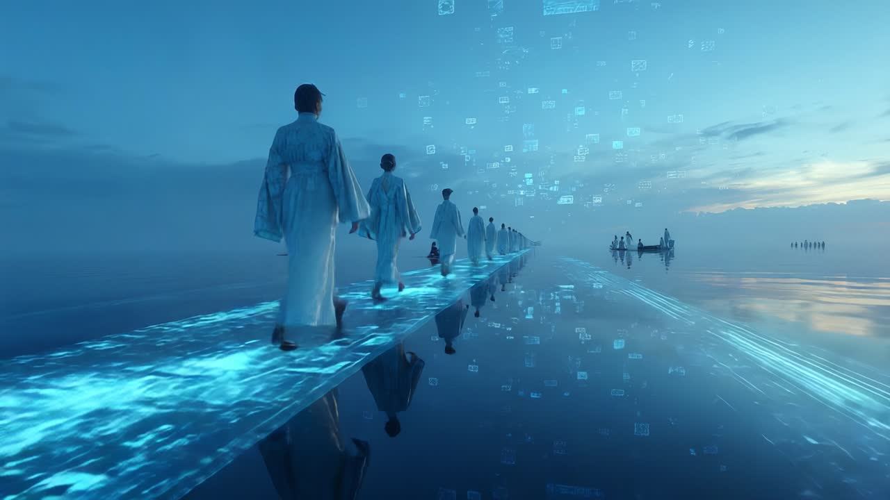 A surreal journey through a digital landscape where figures clad in flowing robes walk along a glowing pathway over tranquil waters, merging technology with ethereal beauty