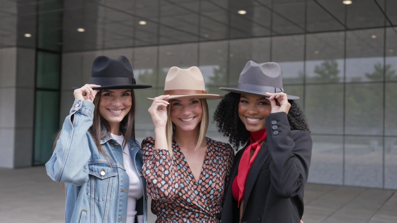 Drei Frauen posieren am Büroeingang, lüften ihre Fedoras und lächeln, während die Kamera für ein Porträt heranzoomt.