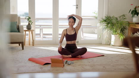 woman, yoga and stretching in online class