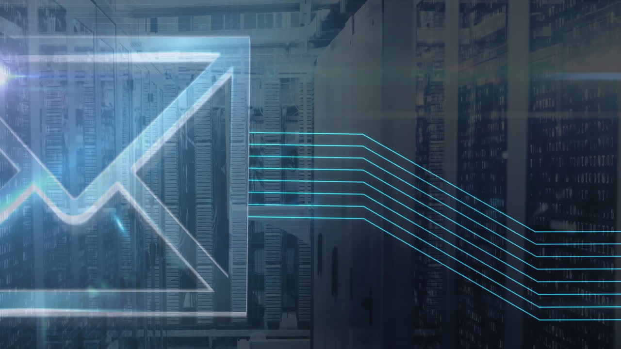In technology center, animation of email icon with digital lines over data servers