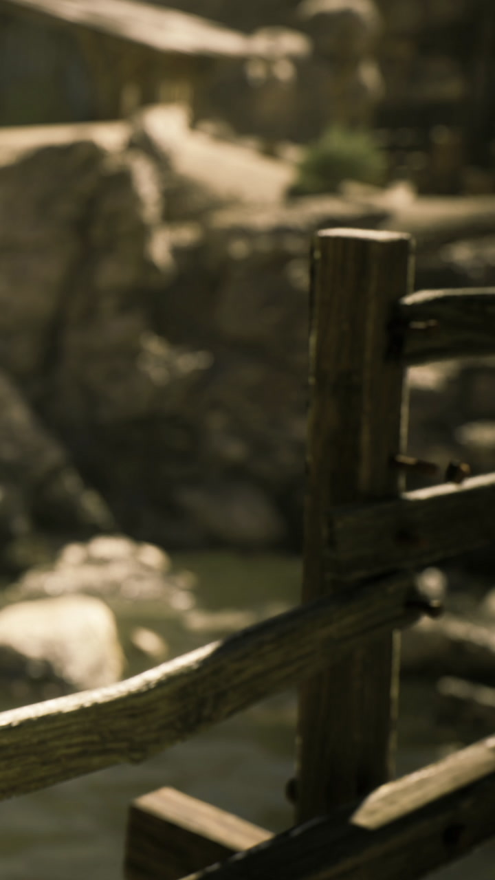 Natures tranquility at a rustic wooden fence by a serene riverbank