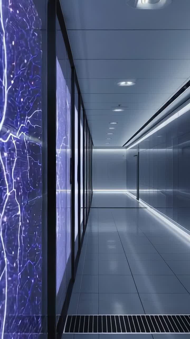 Vertical video: Initiating camera moving through tech corridor, showing pulsing panels, LED strips