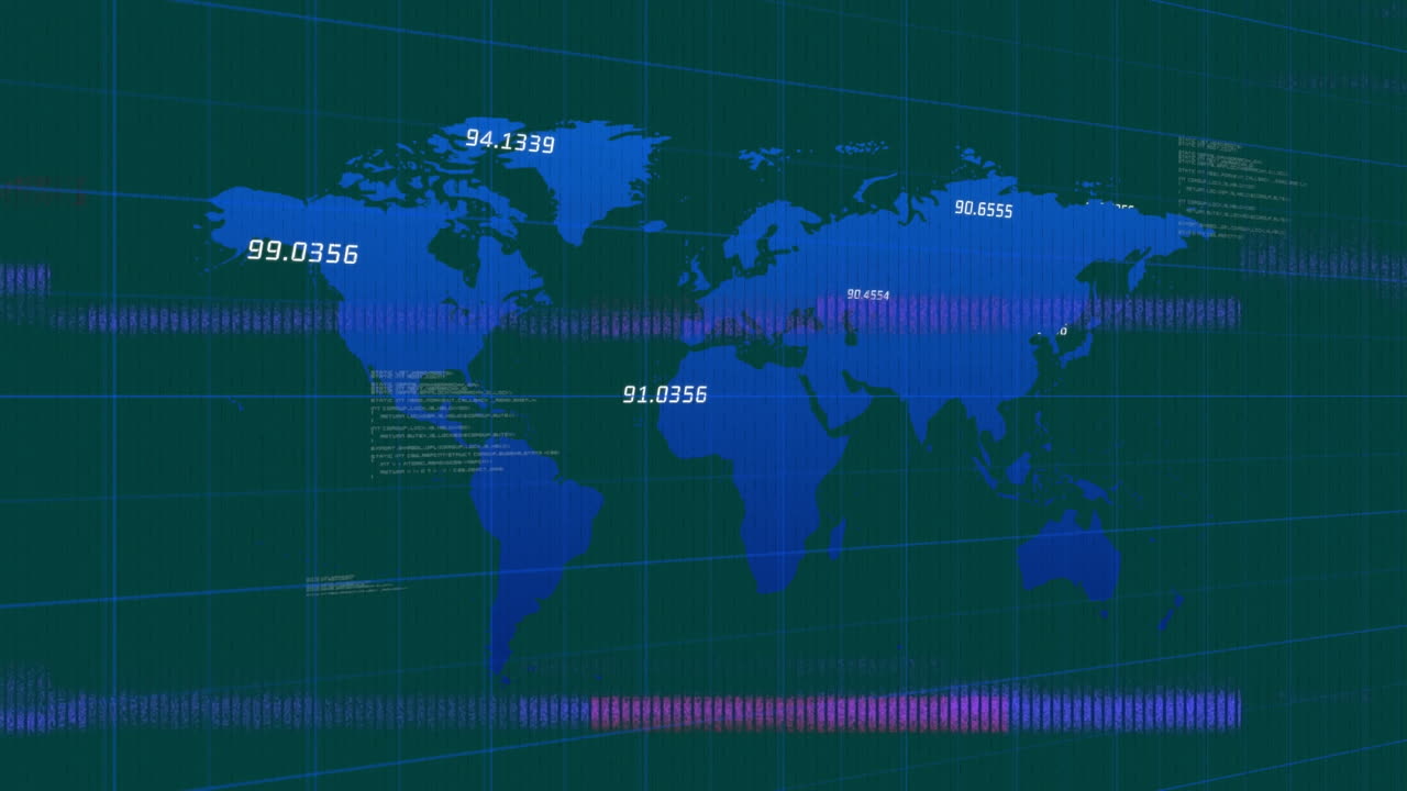 Animation of glitch technique and numbers over map and computer language on abstract background