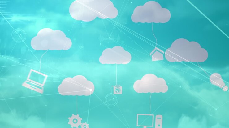Netværk af forbindelser og databehandling mod skyer på den blå himmel