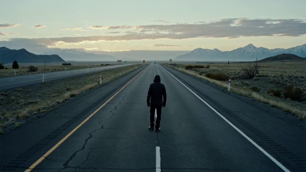 Walking man wearing dark hooded sweatshirt heading along dashed centerline on rural highway, dawn