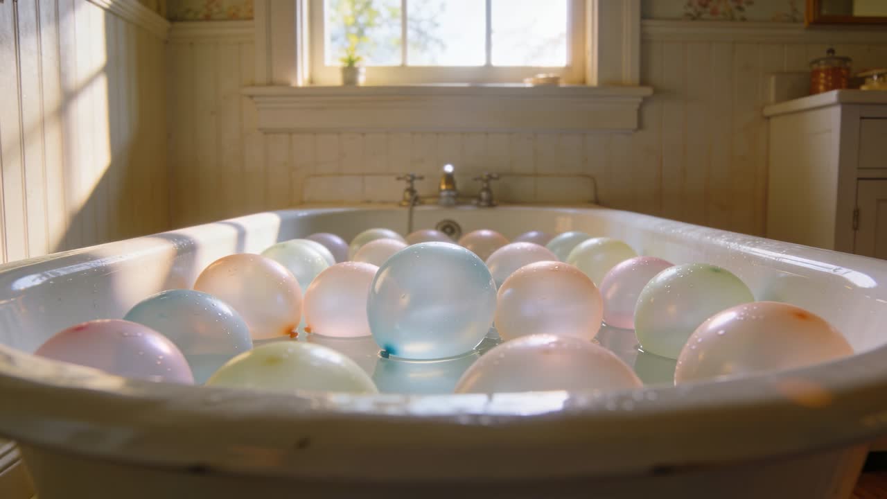 Acqua corrente che spinge palloncini d'acqua pastello attraverso una vasca smaltata bianca in un bagno illuminato dal sole, con finestra a ghigliottina.