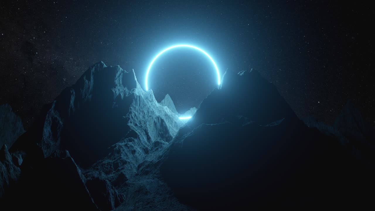 hermoso paisaje minimalista fantástico. círculo de neón azul brillante entre las montañas contra el fondo de un cielo estrellado nocturno giratorio. bucle sin costuras 3d render