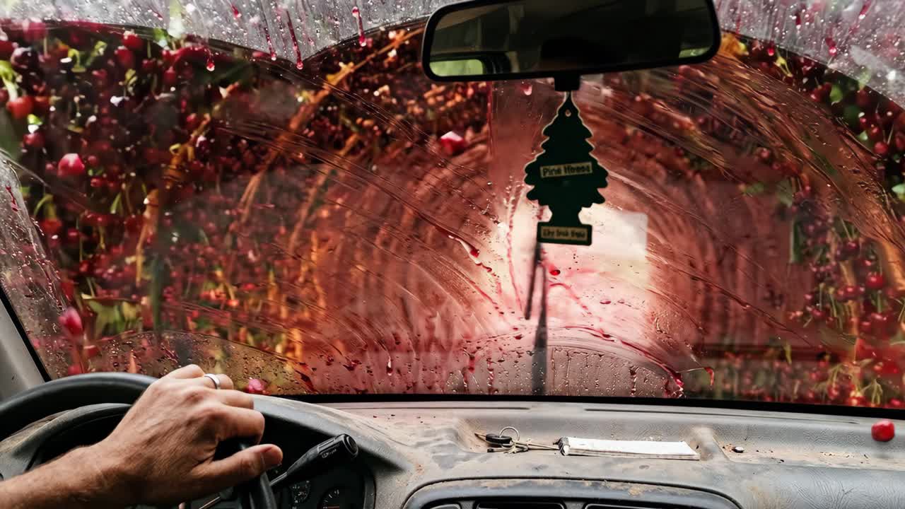 POV dei tergicristalli dell'auto che puliscono schizzi di ciliegia sul parabrezza
