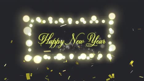 Animation-of-new-year-greetings-in-fairy-lights-frame-and-confetti-falling