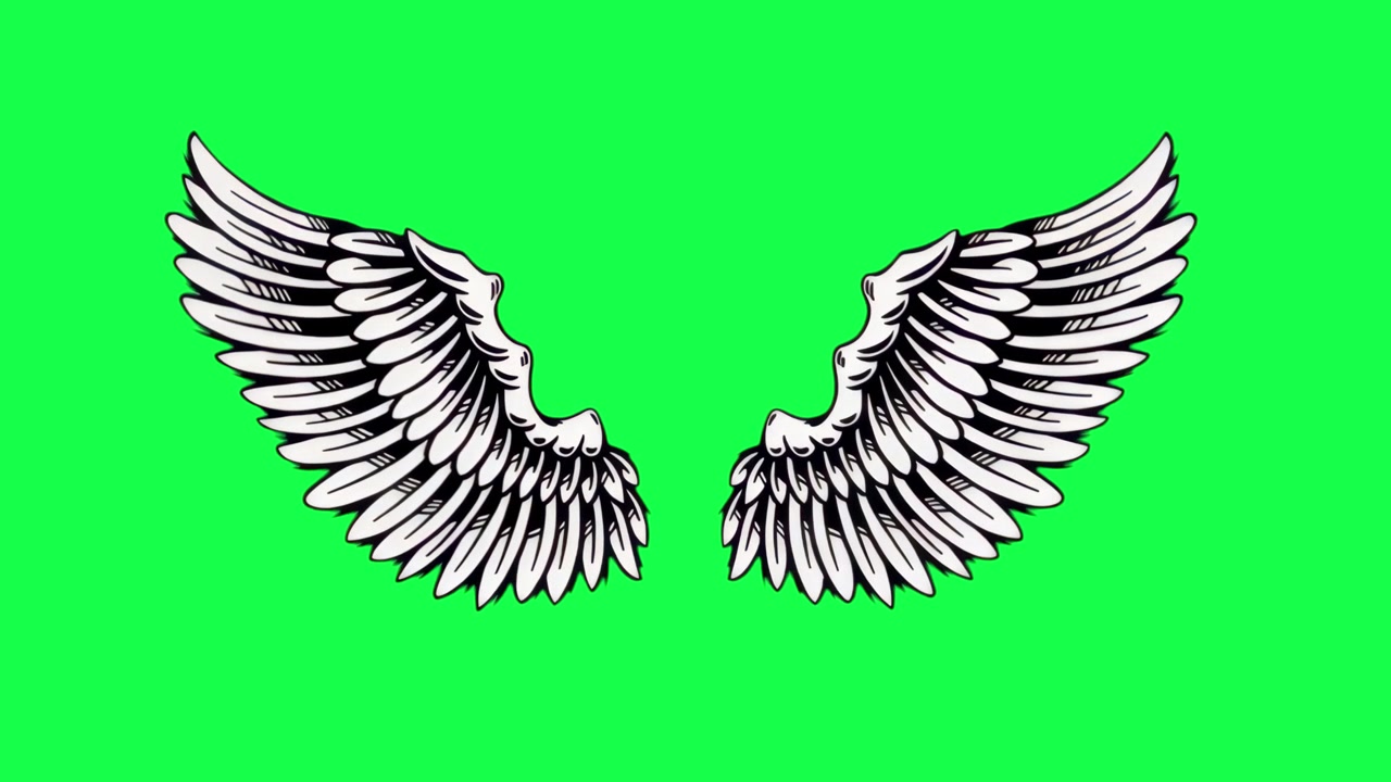 Alas de ángel blancas animadas aleteando sobre pantalla verde