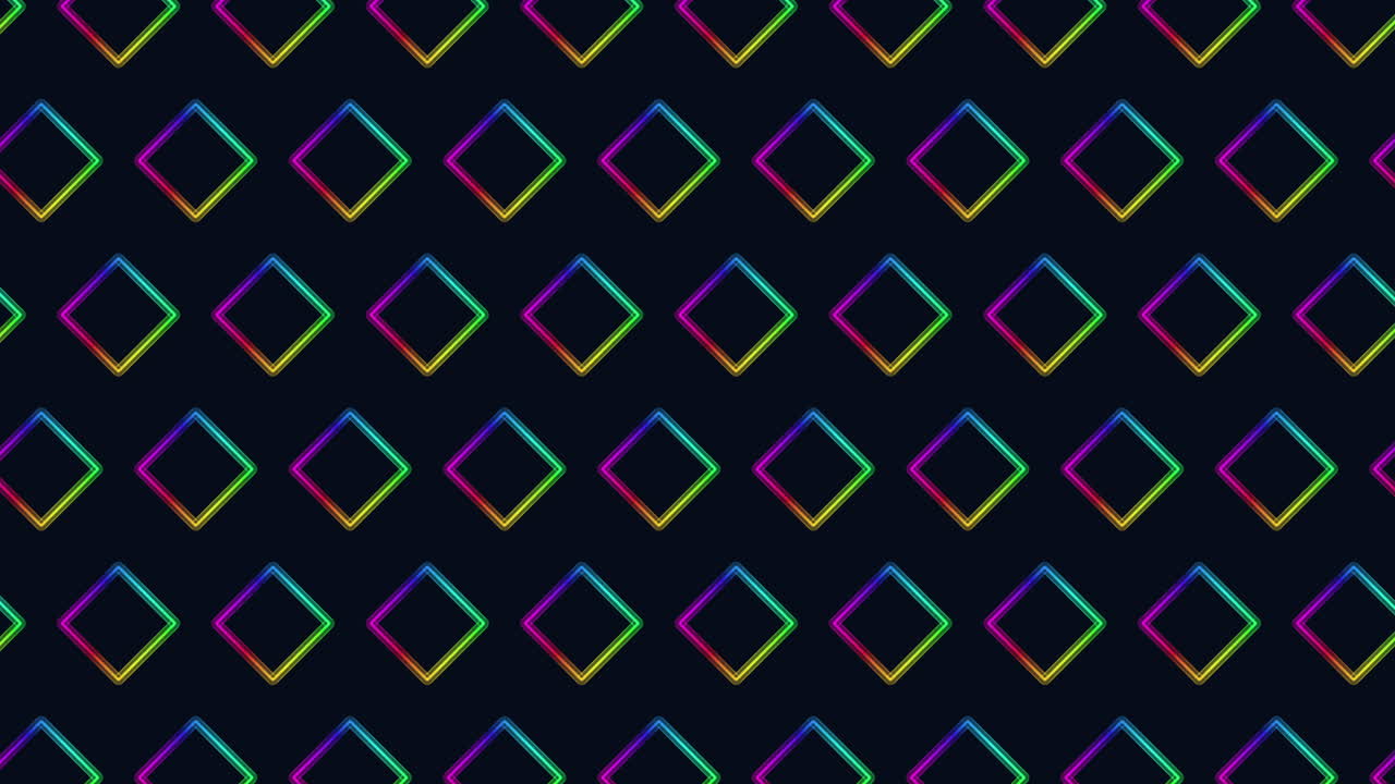 Contorni astratti di rombi al neon con gradiente arcobaleno che si animano in una griglia ripetuta su uno sfondo scuro, ideale per visual di feste, promozioni tecnologiche e motion design moderno.