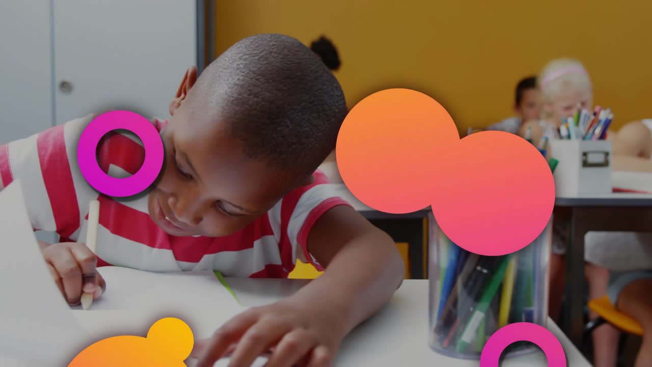 Boy sketching assignment in education while pink and orange graphic overlays sliding in