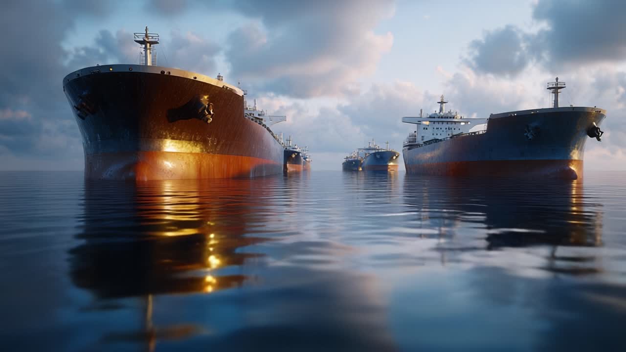 Grandi petroliere scivolano silenziosamente attraverso acque calme all'alba. Luci calde si riflettono delicatamente sulla superficie dell'oceano. Le navi si muovono in formazione sotto un cielo cupo