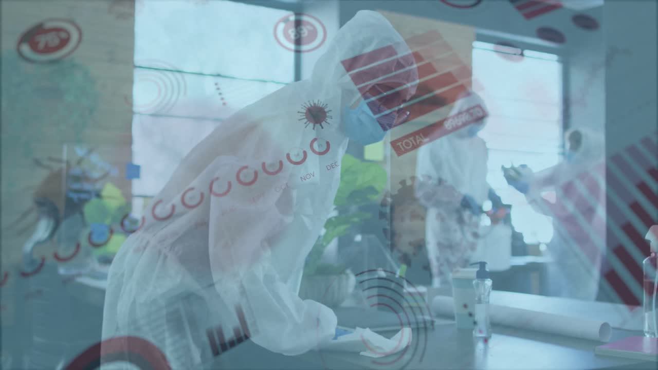 다양한 사람들이 사무실을 소독하는 데이터 프로세싱의 애니메이션