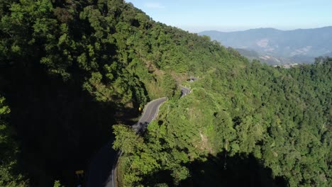 aerial winding road amongst lush mountain tropical forest