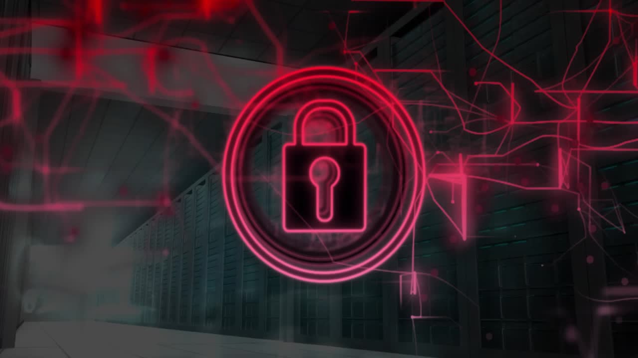 All'apparire dell'icona di un lucchetto, questa emette linee di circuito pulsanti per proteggere una rete digitale.