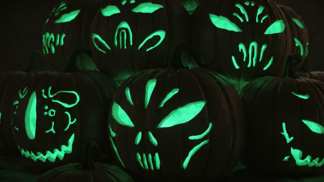 A Spooky Display of Glowing Jack-o'-Lanterns Featuring Intricate and Unique Designs Perfect for Halloween Celebrations and Festive Decorations