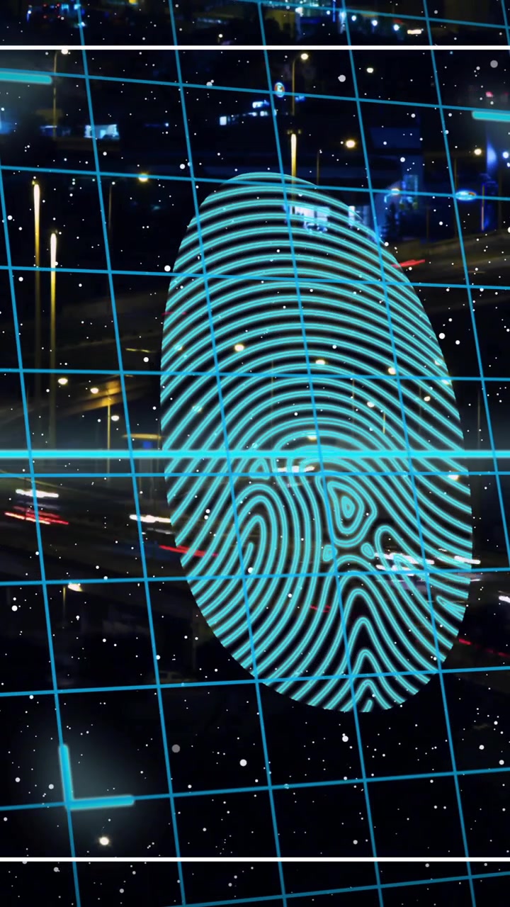 Fingerprint scanning animation over cityscape with grid and data visualization