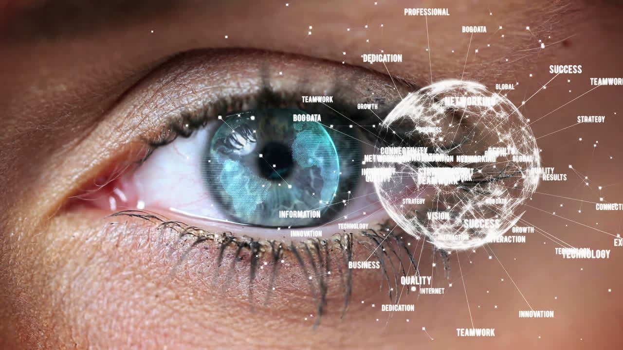 primer plano de ojo azul mirando una conexión de globo digital