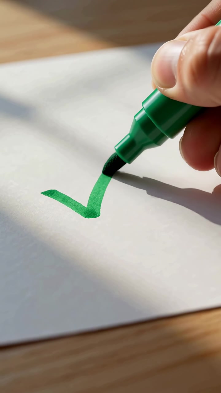 Detailní pohled ukazuje ruku pohybující zeleným fixem po bílém papíře, tvořící symbol zaškrtnutí plynulými tahy za jemného denního světla, zatímco dřevěná deska stolu a stíny zůstávají viditelné v záběru.