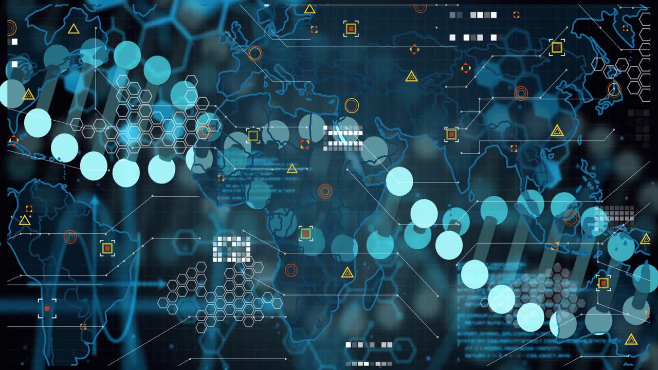 Pulsing code blocks driving diagonal node wave and hex grids animating and displaying data