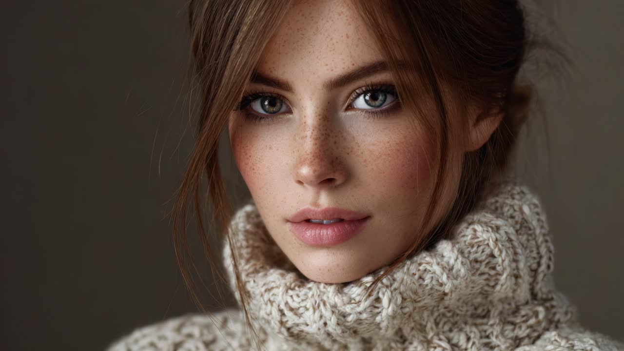 Captivating Portrait of a Young Woman with Freckles and a Cozy Sweater, Emphasizing Natural Beauty and Expressive Features in Soft Lighting