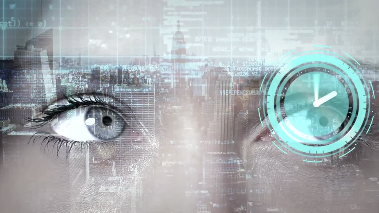 Animation of woman's eyes and clock over cityscape