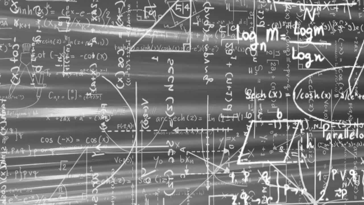 animación de fórmulas matemáticas blancas y dibujos geométricos en gris