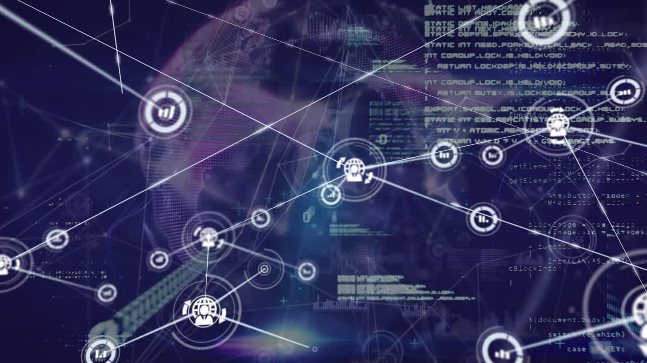 Animation of network of digital icons and data processing against globe of plexus networks
