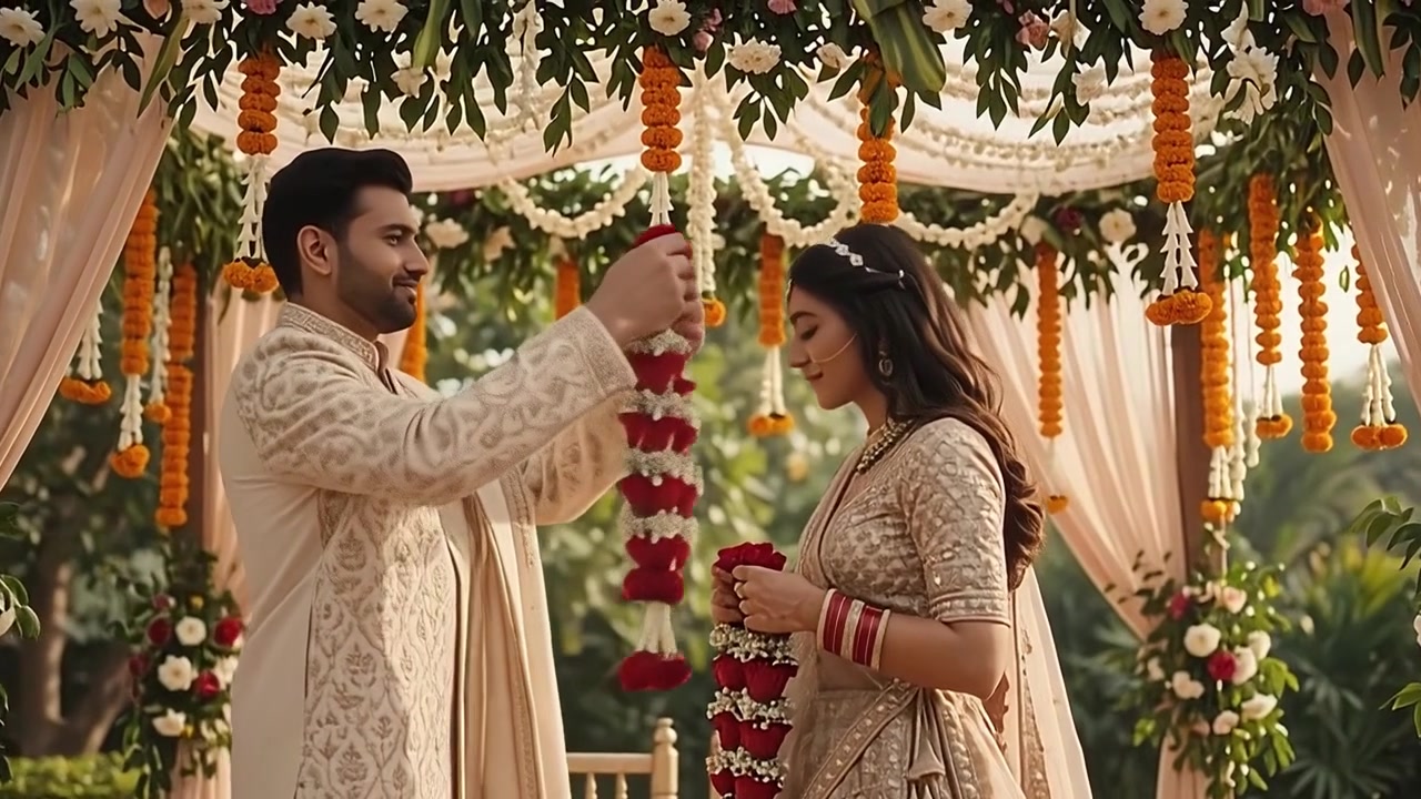 Indian Bride and Groom Exchanging Floral Garlands at Wedding Ceremony