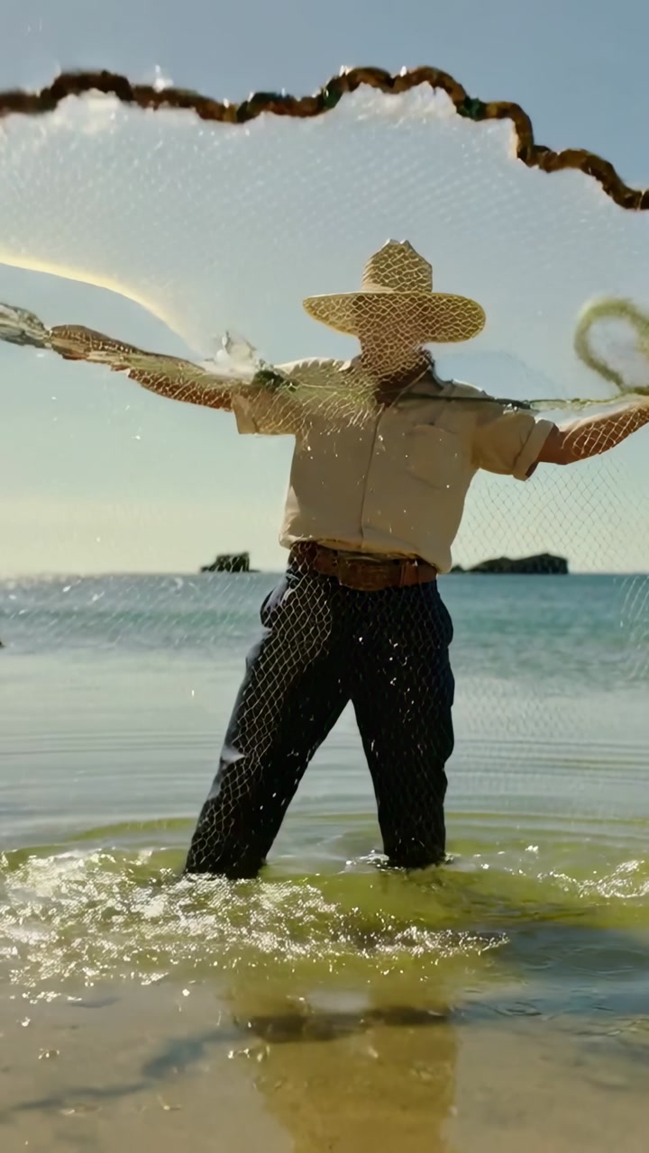 Vertical video: Stepping fisherman in straw hat lifting green net, casting at beach, catching fish