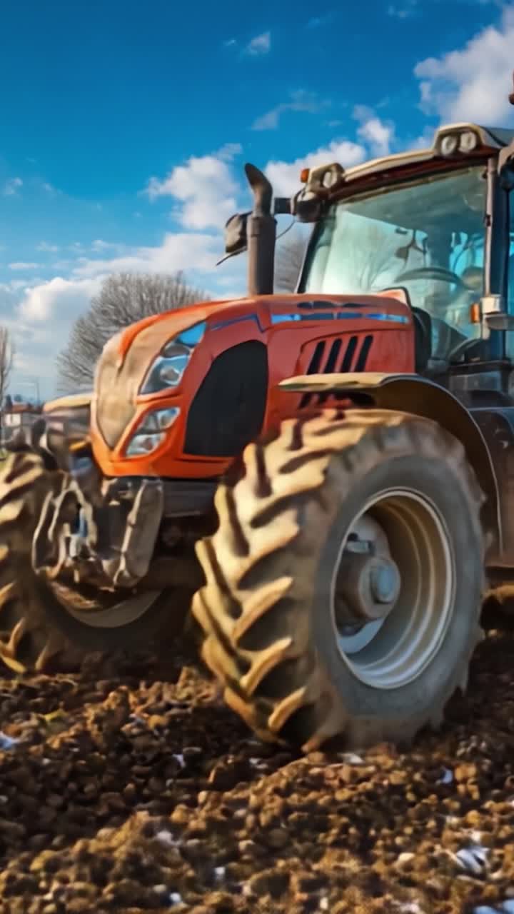 Un potente trattore che lavora i campi: mostra macchinari agricoli in azione in un paesaggio scenografico sotto cieli sereni e alberi robusti.