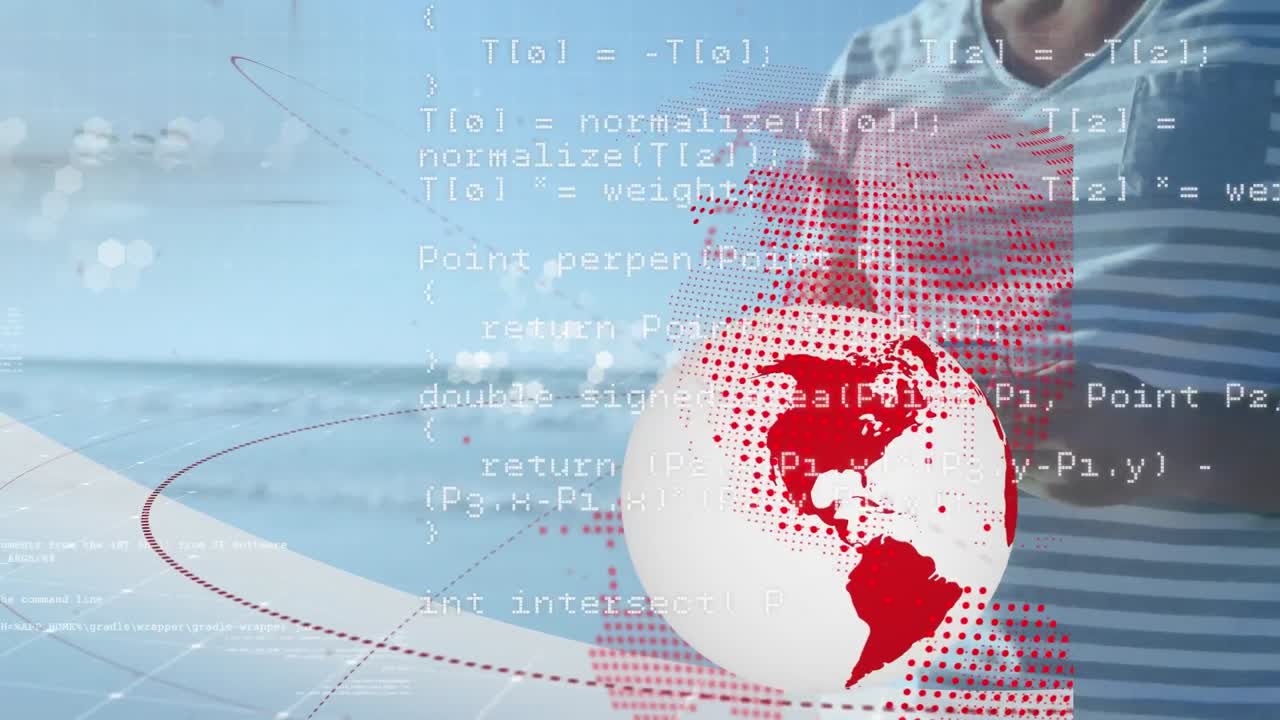 스마트 폰을 사용하는 혼합 인종 남성의 데이터 처리 및 전 세계 애니메이션