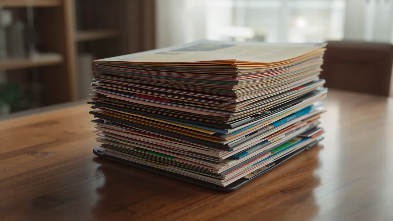 Pulling camera revealing stack of magazines on wooden table showing layered spines, window right