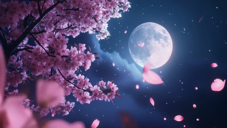 A serene night scene video with a low-angle view of cherry blossoms against a full moon, petals