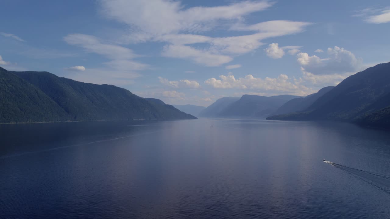 Bred luftoptagelse af Teletskoje-søen omgivet af Altai-bjergene, roligt mørkt vand og bløde skyer på himlen, et fjerntliggende vildmarkslandskab i Rusland