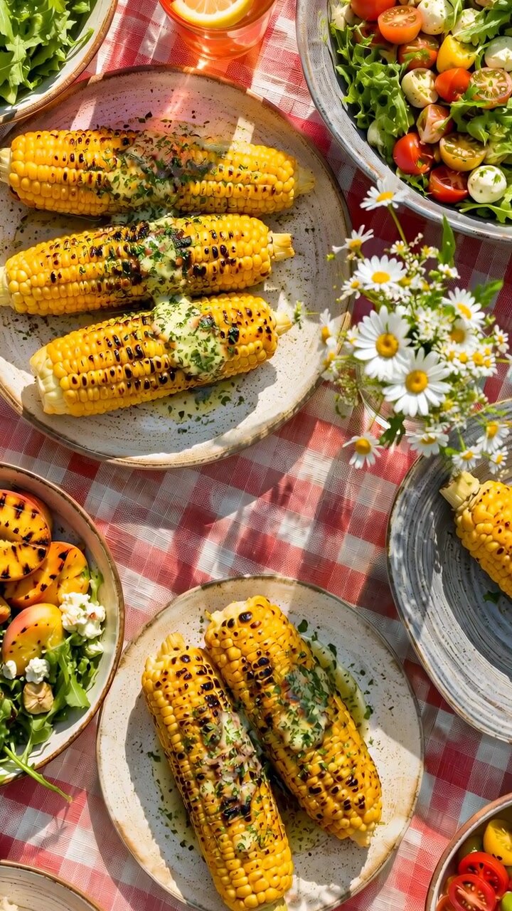 Mazorcas de maíz carbonizadas cubiertas con hierbas permanecen centradas mientras la cámara se mueve lentamente sobre ensaladas coloridas, platos, flores y un mantel a cuadros, creando una composición de comida de mesa brillante.