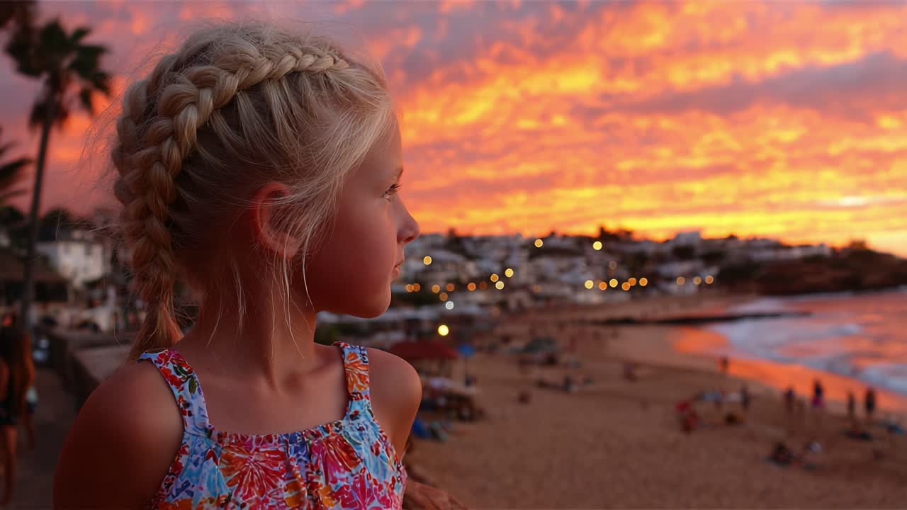 Captivated by Nature's Palette: A Young Girl Watching the Breathtaking Sunset Over the Beach with Colorful Skies and Luminous Coastline in the Background
